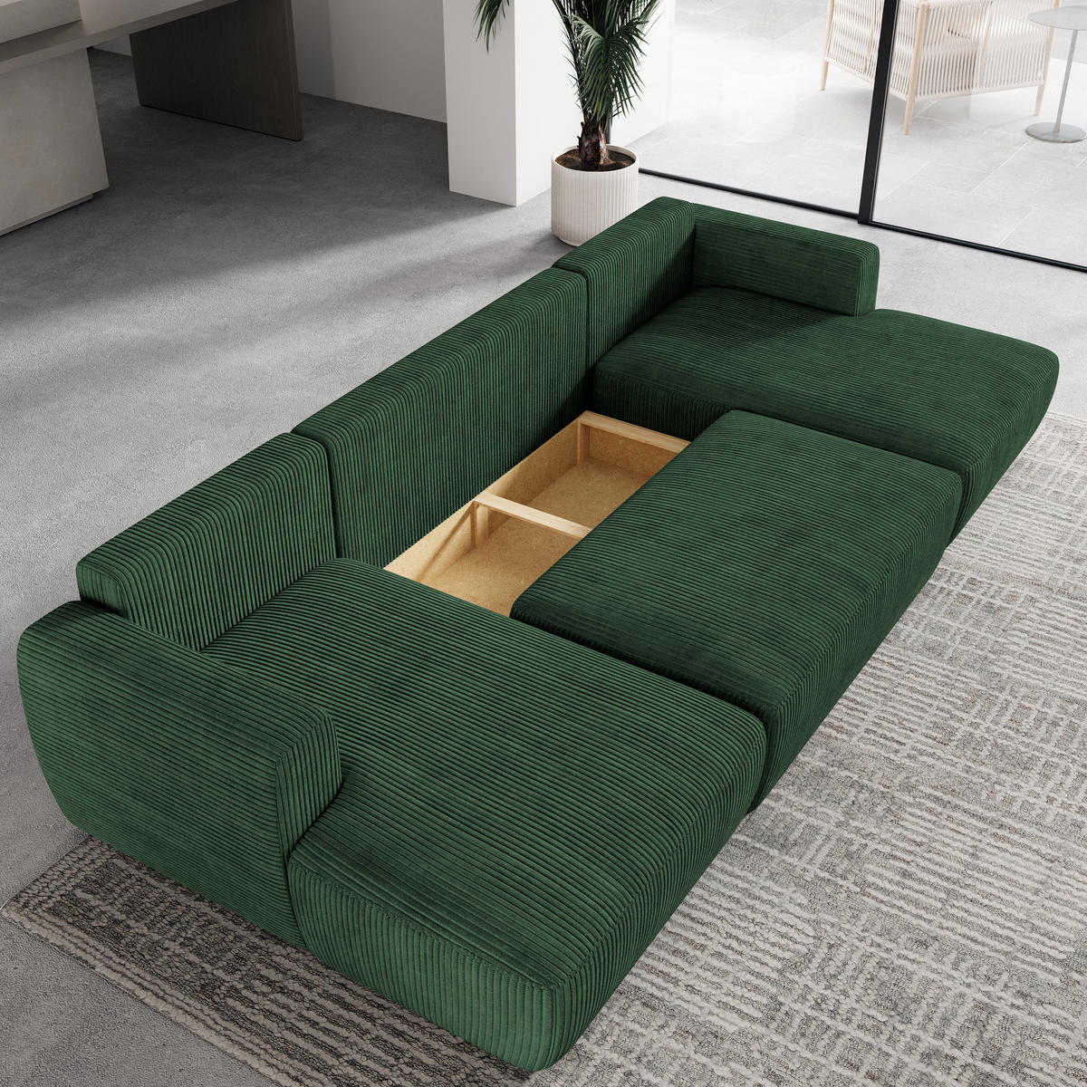 WOHNLANDSCHAFT SENTUM P Grün Kordstoff mit Schlaffunktion - Grün, Holz (330/90/148cm) - MASSENO