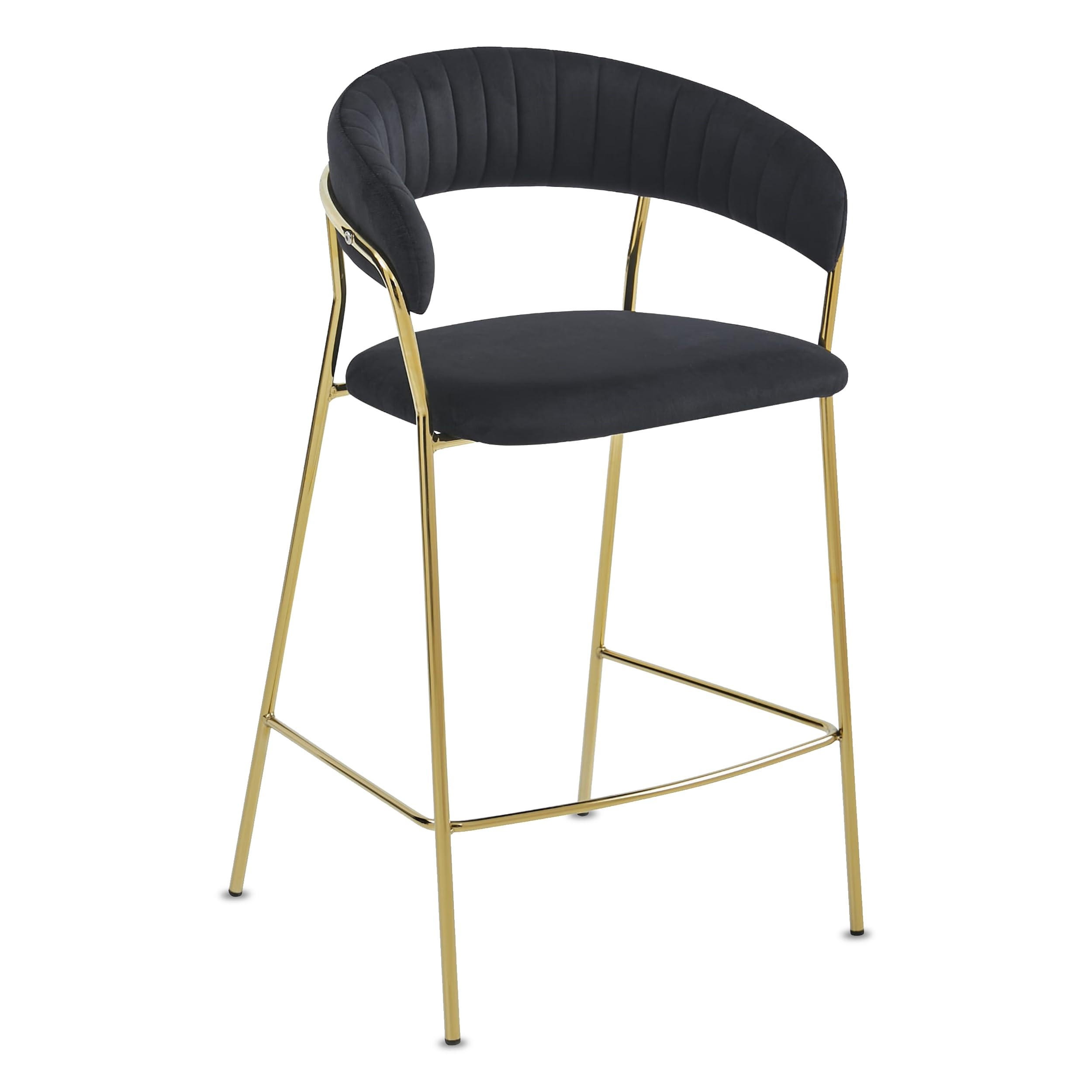 BARHOCKER Schwarzer Samt, geriffelte Rückenlehne, Metallgestell, vergoldet, Modernes Design, Thekenhöhe - Schwarz, Textil (48/97/46cm) - Best For Home