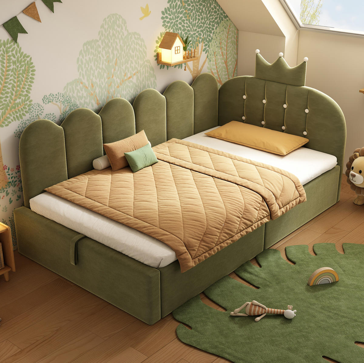 KINDERBETT Polsterbett 90/190 cm aus Samt mit Stauraum und Kronendesign Grün - Grün, Textil (90/190cm) - Modenvie
