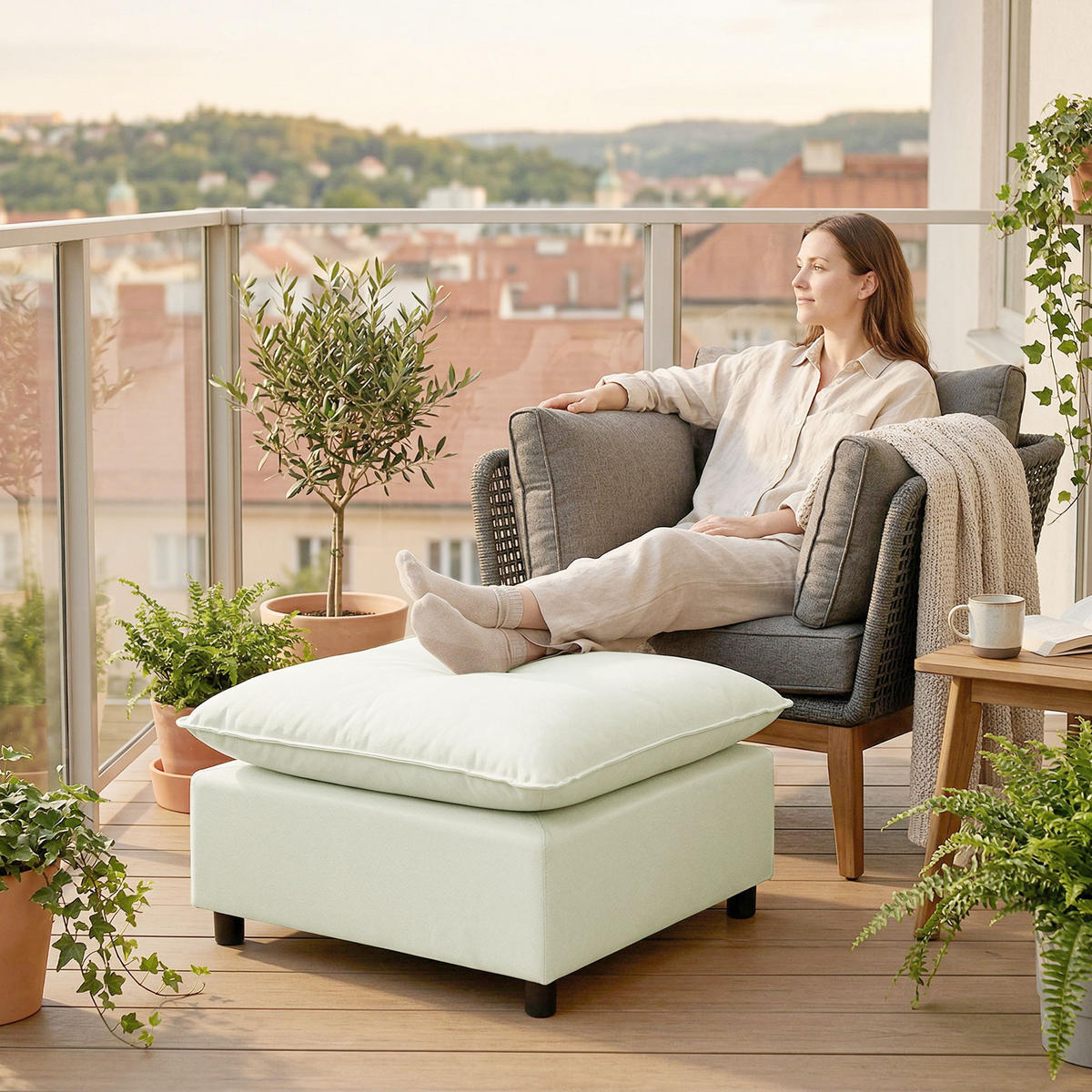 FUSSHOCKER DE-07220 modern mit Stoffbezug und Kunststoffbeinen Cremeweiß - Creme, Holzwerkstoff (75/40/75cm) - ComfortXL