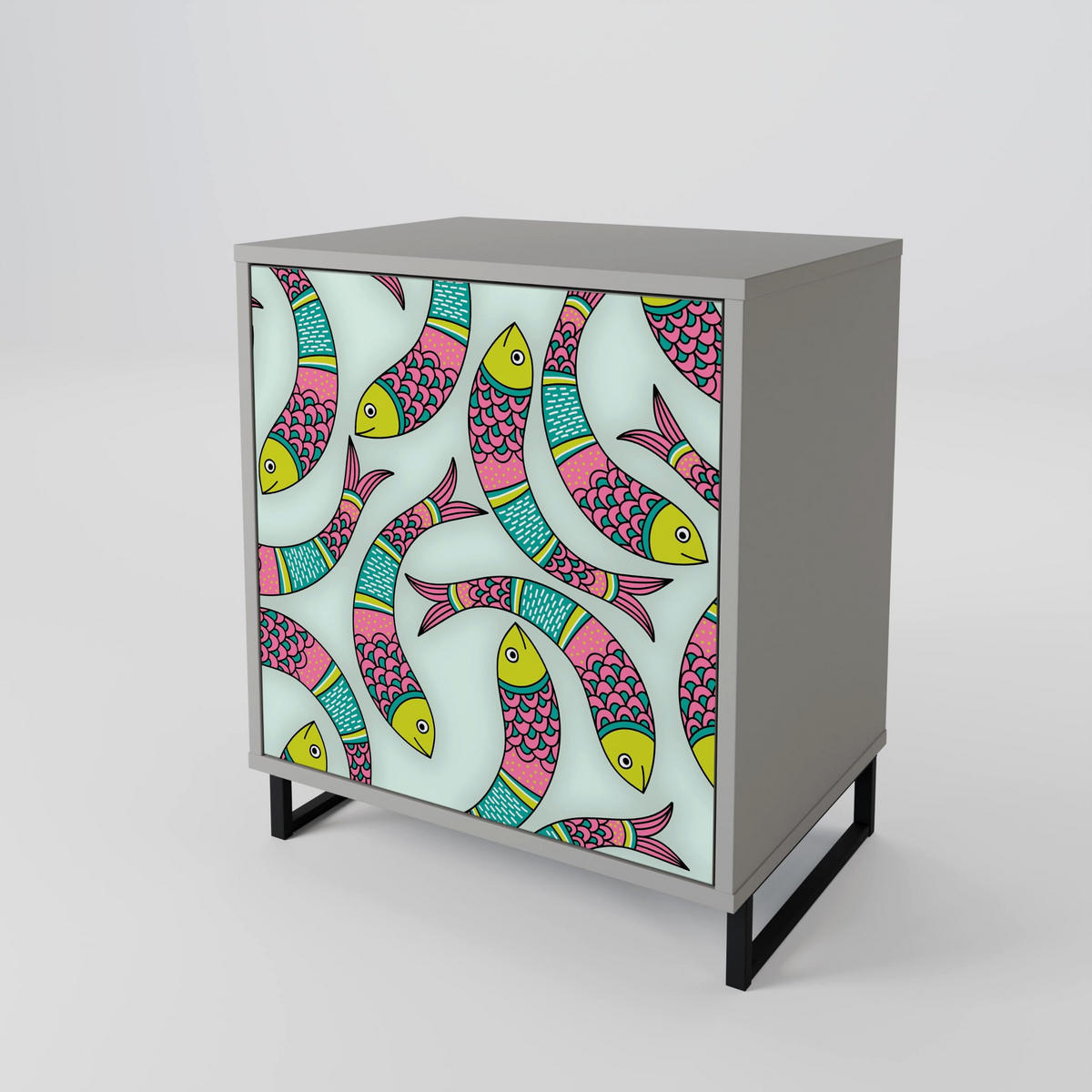 SIDEBOARD INDIAN FISH, Grau, 57,5x42x75,5 cm, Goldfarbene Metallfüße - Goldfarben/Multicolor, Holzwerkstoff/Metall (57.5/75.5/42cm) - SpaceRebels