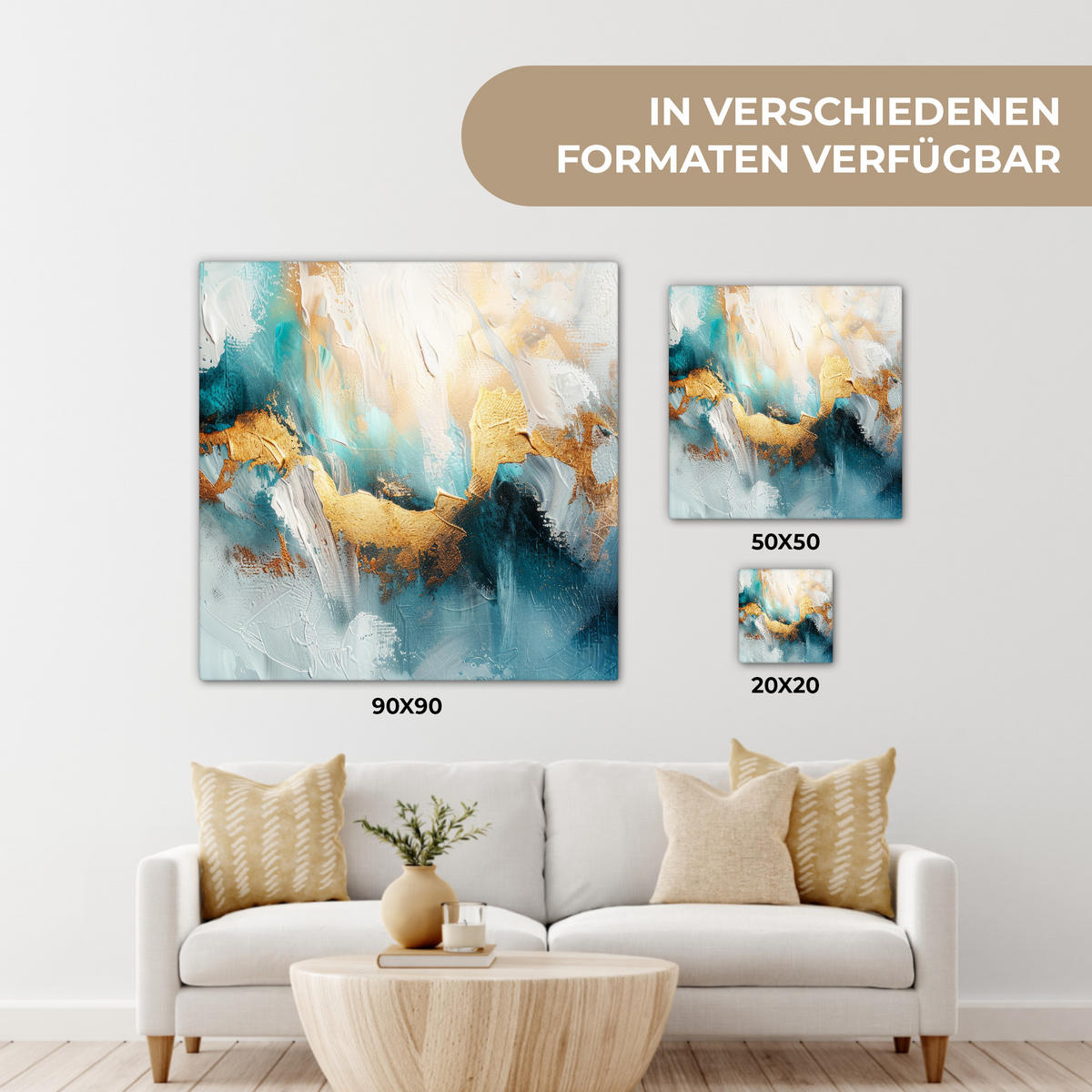 LEINWANDBILD Abstrakt - Kunst - Gold - Blau 90x90 cm - Petrol, Textil (90/90cm) - MuchoWow