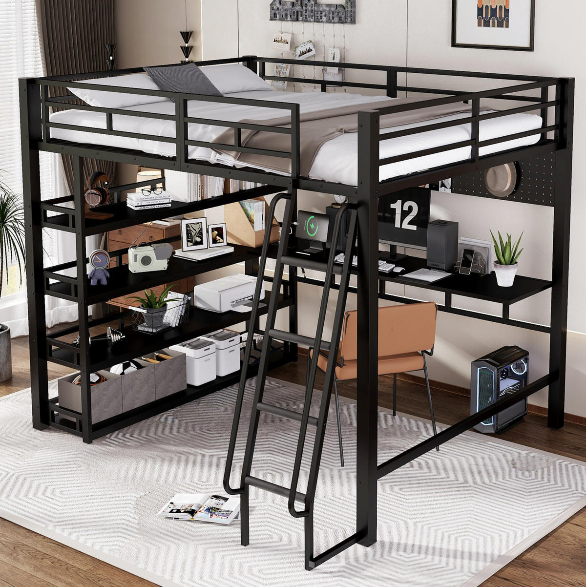 HOCHBETT 140/200 cm Schwarz aus Eisen und Spanplatte mit Ablagen und Ladeanschluss - Schwarz, Metall (140/200cm) - OKMYHOME
