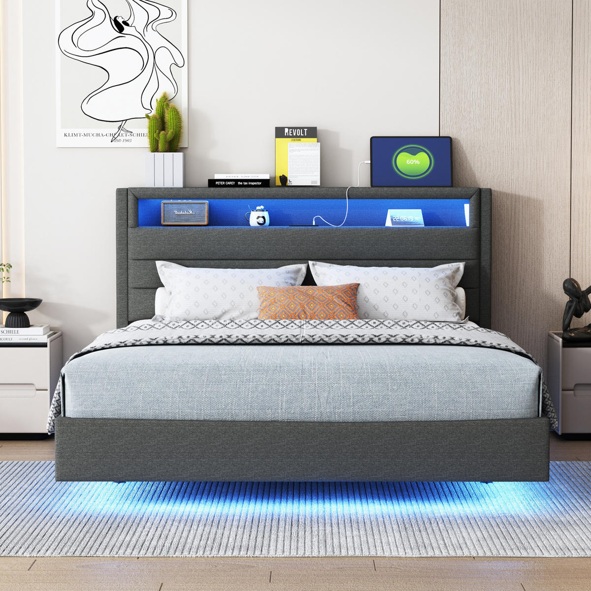 POLSTERBETT 140/200 cm Grau mit LED-Beleuchtung und USB-Anschluss - Grau, Textil (140/200cm) - Flora Grace