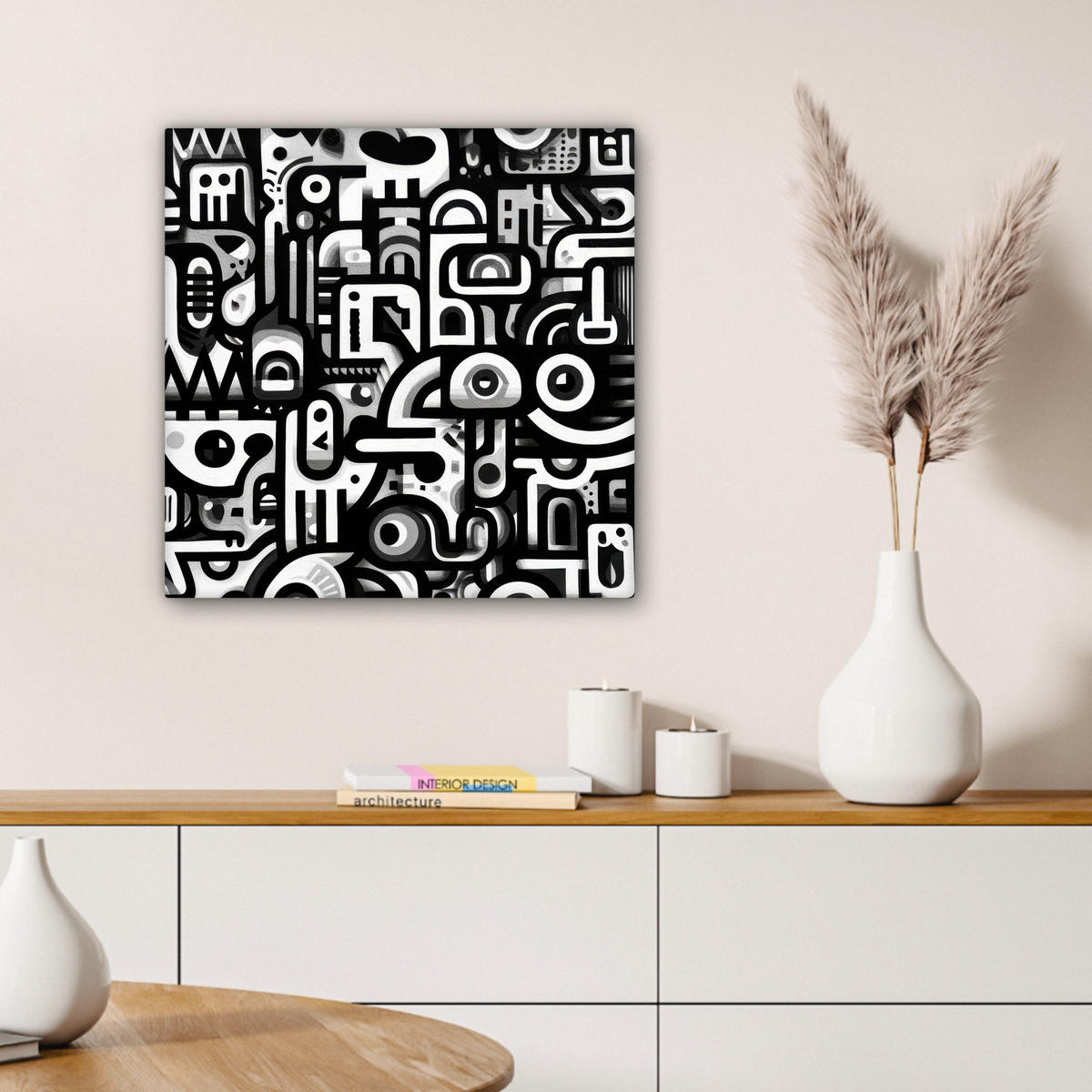 LEINWANDBILD Symbole - Abstrakt - Grafik - Schwarz Wandbild Wohnzimmer 50x50 cm - Schwarz, Textil (50/50cm) - MuchoWow