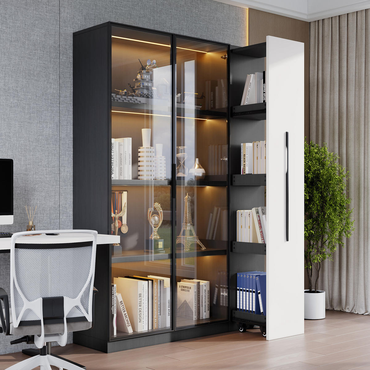 VITRINE 110,5/35/160 cm mit LED-Beleuchtung und seitlichem Auszug, 2-in-1 Stauraum, Schwarz/Weiß - Schwarz, Holzwerkstoff (110.5/160/35cm) - Redom
