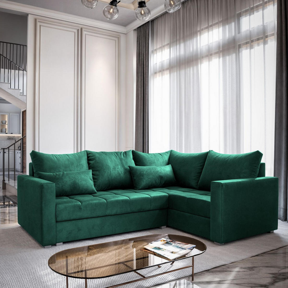 ECKSOFA LIRENO R-S Grün Plüsch-Stoff mit Schlaffunktion - Grün, Holz (220/153cm) - MASSENO