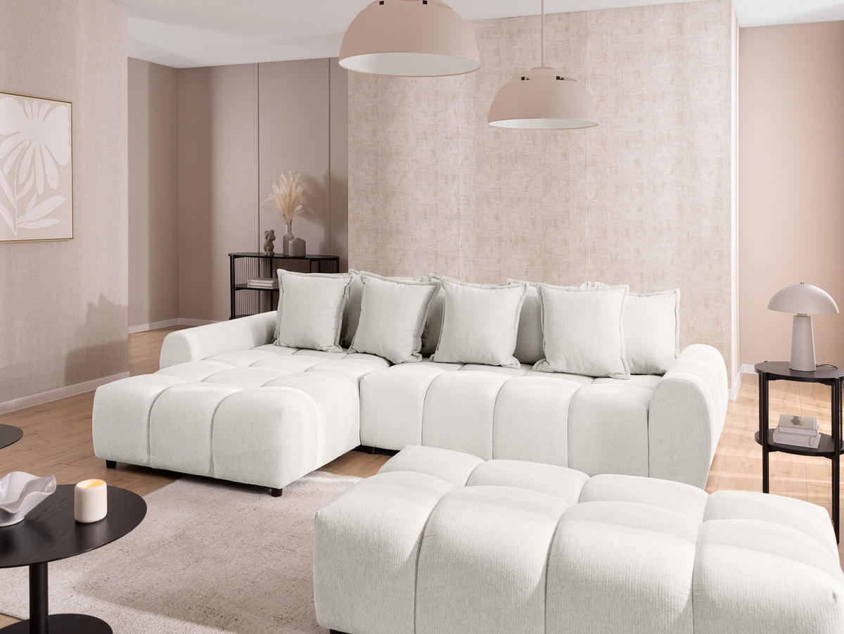 ECKSOFA inkl. Hocker Bubble mit Schlaffunktion und losen Rückenkissen, Sitzfläche in Bubble-Optik aus weichem Creme Strukturstoff - Ottomane Links - Creme/Schwarz, Holz/Kunststoff (180/306cm) - S-Style Möbel