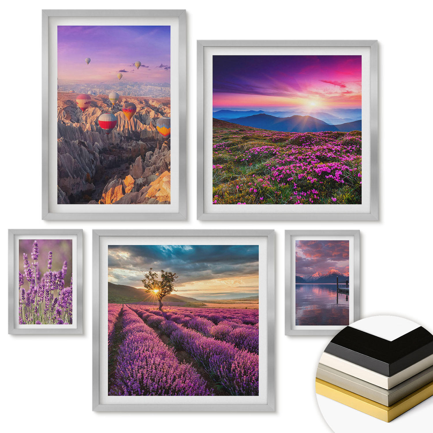 WANDBILDER 5er Set - 50x50 cm & 20x30 cm & 40x60 cm Silberner Rahmen - Sonnenuntergang auf Lavendelfeldern - Silberfarben, Kunststoff (40/60cm) - ArtPrintCave