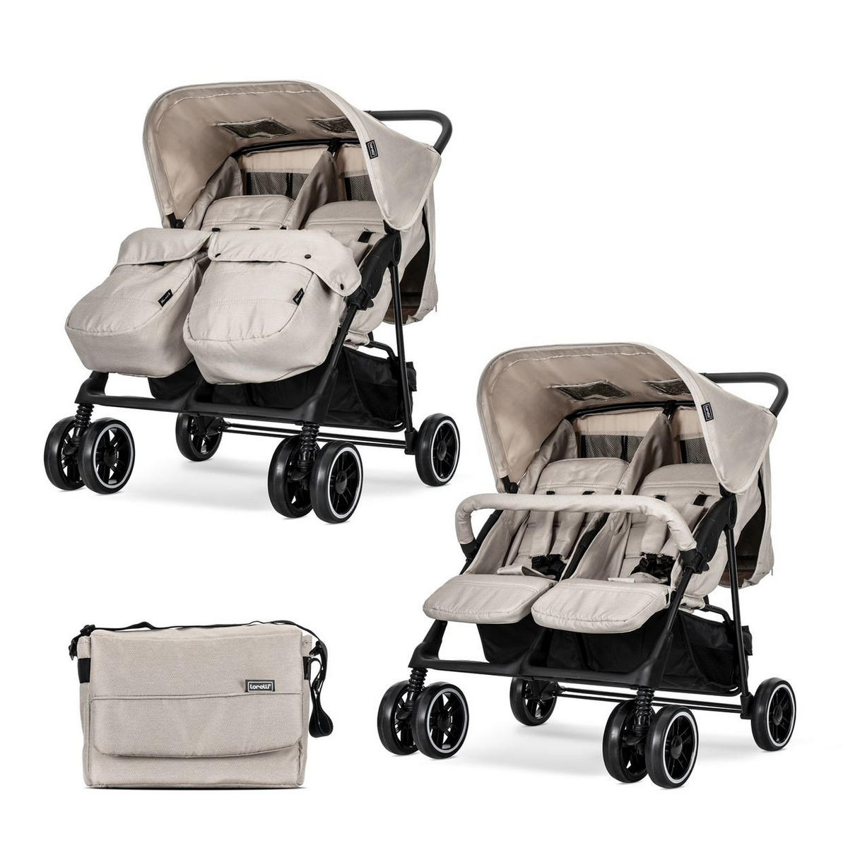 GESCHWISTERKINDERWAGEN TWIN beige-schwarz Wickeltasche Einhand-Klappsystem Fußabdeckung - Beige, Metall (86/84/110cm) - Lorelli
