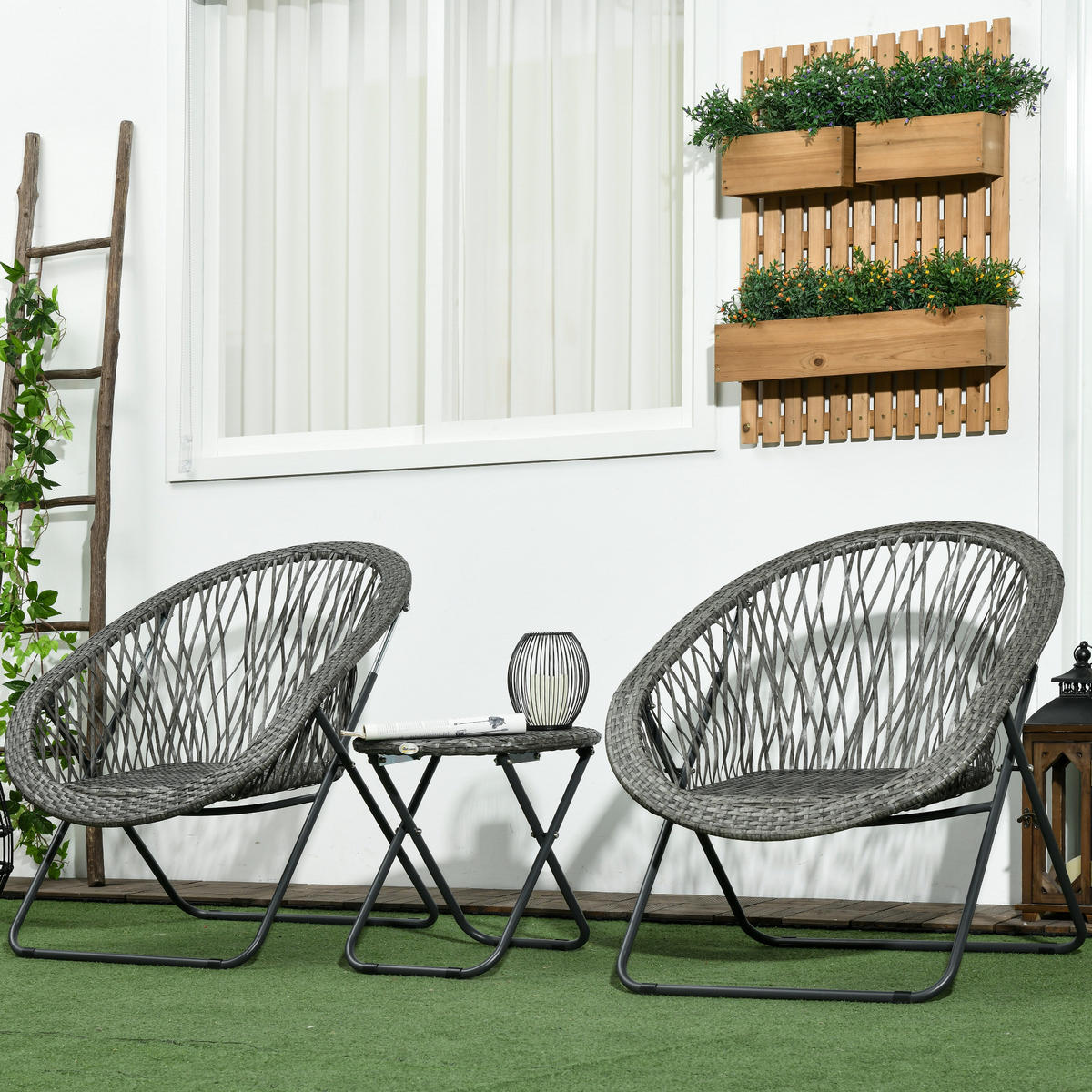 GARTENMÖBEL-SET mit 2 Stühle und 1 Tisch klappbar Rattanoptik Grau 76.0/77.0/78.0 cm - Grau, Metall (77/78/76cm)