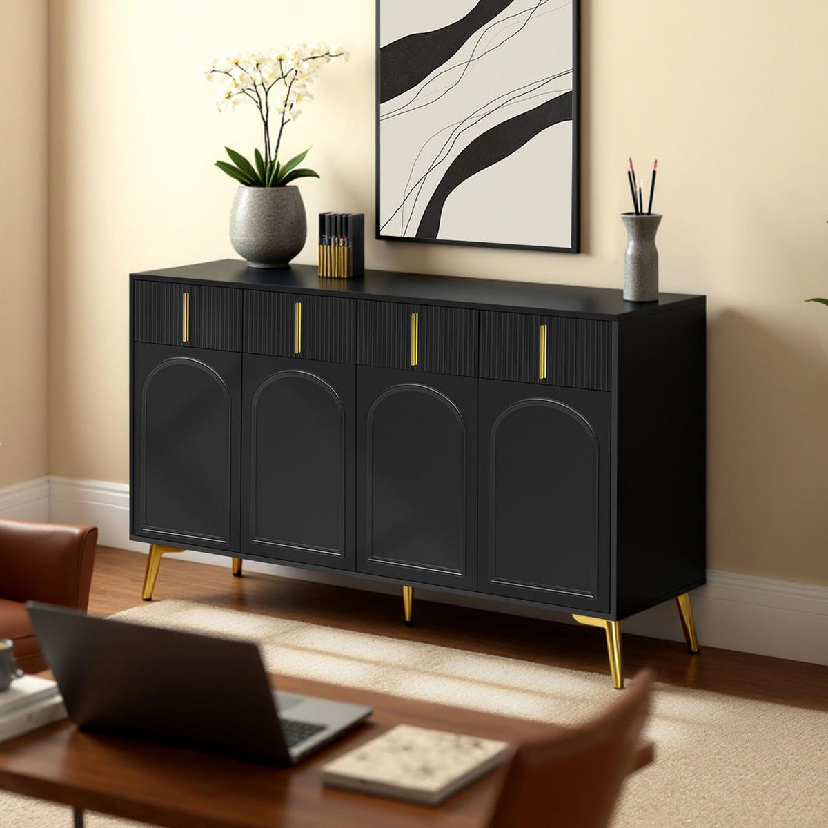 SIDEBOARD Schwarz mit 3 Schubladen, 2 Türen und offenen Fächern - Schwarz, Holzwerkstoff/Metall (140/82/37.8cm) - Urban Meuble