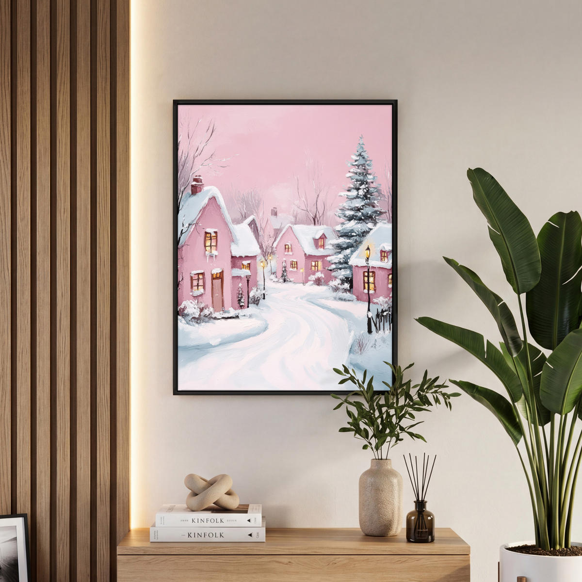 LEINWAND Bilder mit Rahmen - Weihnachtsdorf - Rosa - Winter - Schnee - Häuser - 50x70 - Altrosa, Textil (50/70cm) - MuchoWow