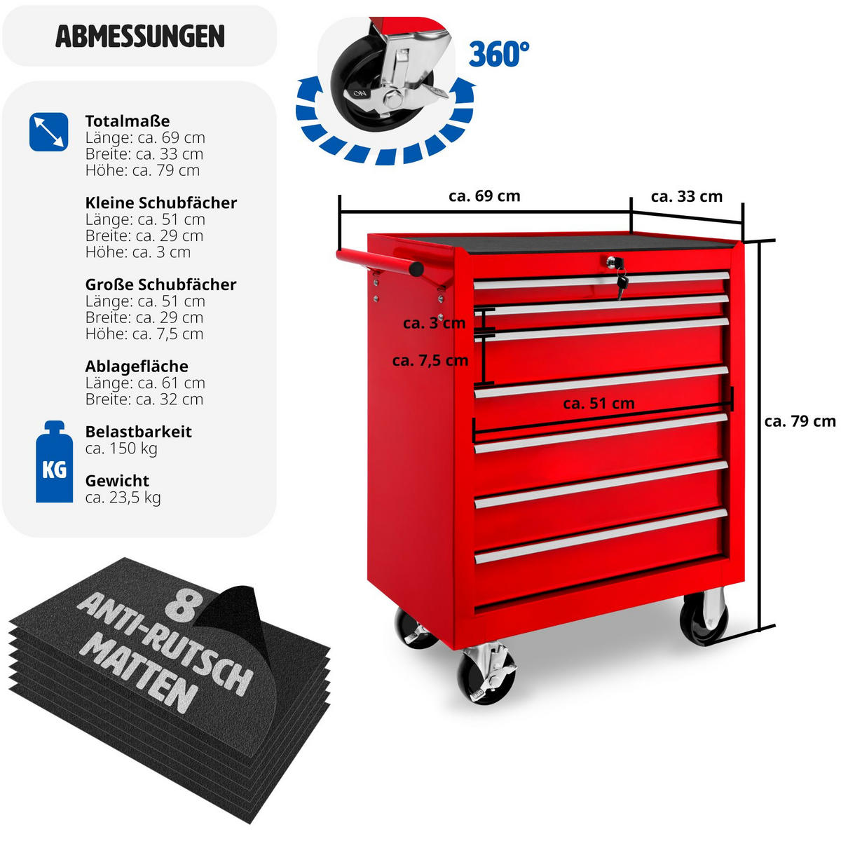 WERKZEUGWAGEN ,Rollen Ø 100 mm,rot - Rot, Metall (33/79/69cm) - tectake