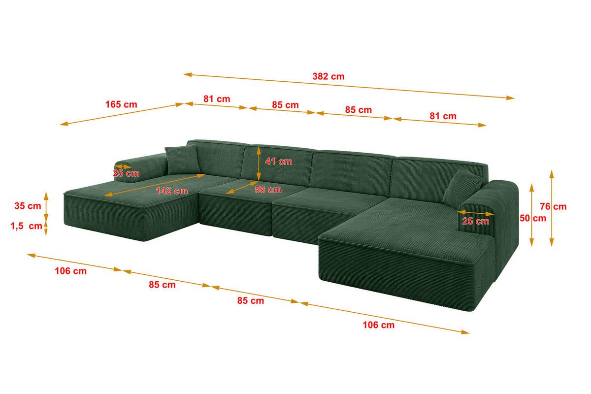 WOHNLANDSCHAFT IREA-U2-v3 - 382x165x76 cm Grün - Grün, Holzwerkstoff/Textil (382/76/165cm) - ALTDECOR
