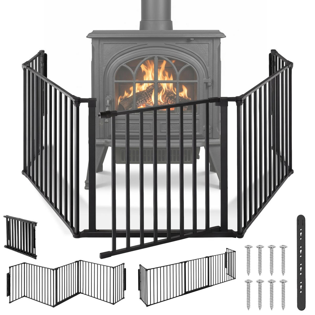 KAMINSCHUTZGITTER Agni, inklusive Wandhalterung, schwarz - Schwarz, Metall (3/71.5/289.3cm) - tectake