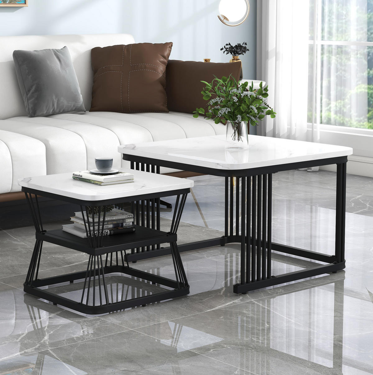 SADA odkládacích stolků 65/65/45 cm bílá z MDF v mramorovém vzhledu - bílá, kompozitní dřevo (65/65/45cm) - OKWISH