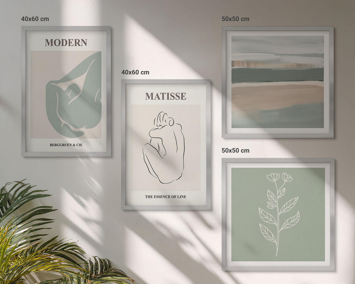 WANDBILDER 4er Set - 50x50 cm & 40x60 cm Silberner Rahmen - Abstrakte Pflanzenformen - Silberfarben, Kunststoff (50/50cm) - ArtPrintCave