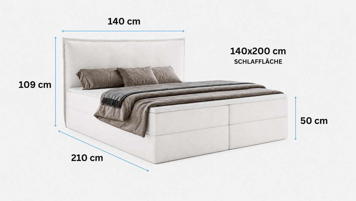 BOXBETT ARENO 140x200 cm Komplett-Set mit Bettkasten, Bonell-Matratze H3 und Topper - Creme - Creme, Textil (140/200cm) - Luxkor24
