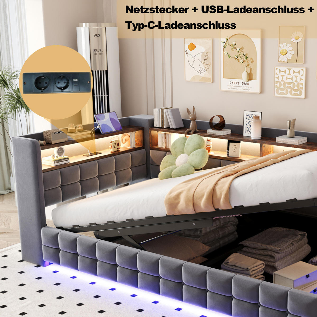 ČALOUNĚNÁ postel s čalouněním, 90/200 cm šedá, s úložným prostorem, LED a zásuvkou - šedá, textil (90/200cm) - BEAOK
