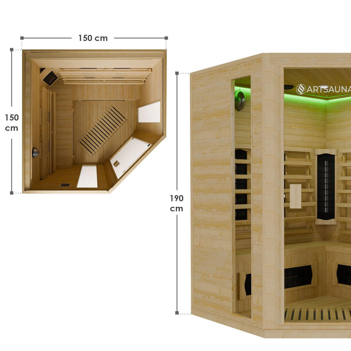 INFRAROTKABINE Nyborg E150K mit Keramik-, Flächenstrahler & Hemlockholz - Naturfarben, Holz (150/190/150cm) - Artsauna