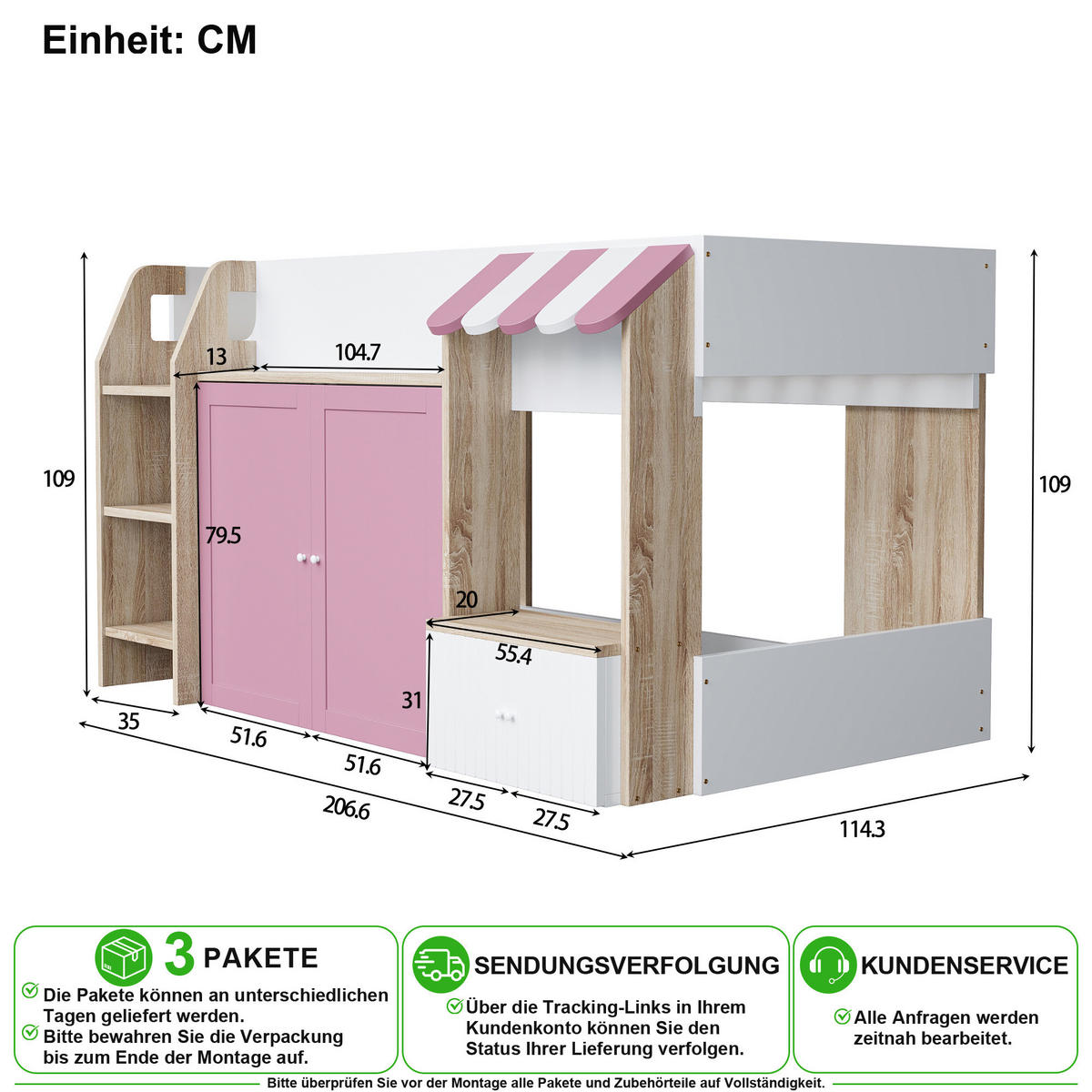 HOCHBETT 90/200 cm in Weiß & Rosa mit Stauraum, Regal und Leiter Massivholz - Rosa/Weiß, Holz/Holzwerkstoff (90/200cm) - CHICFURN