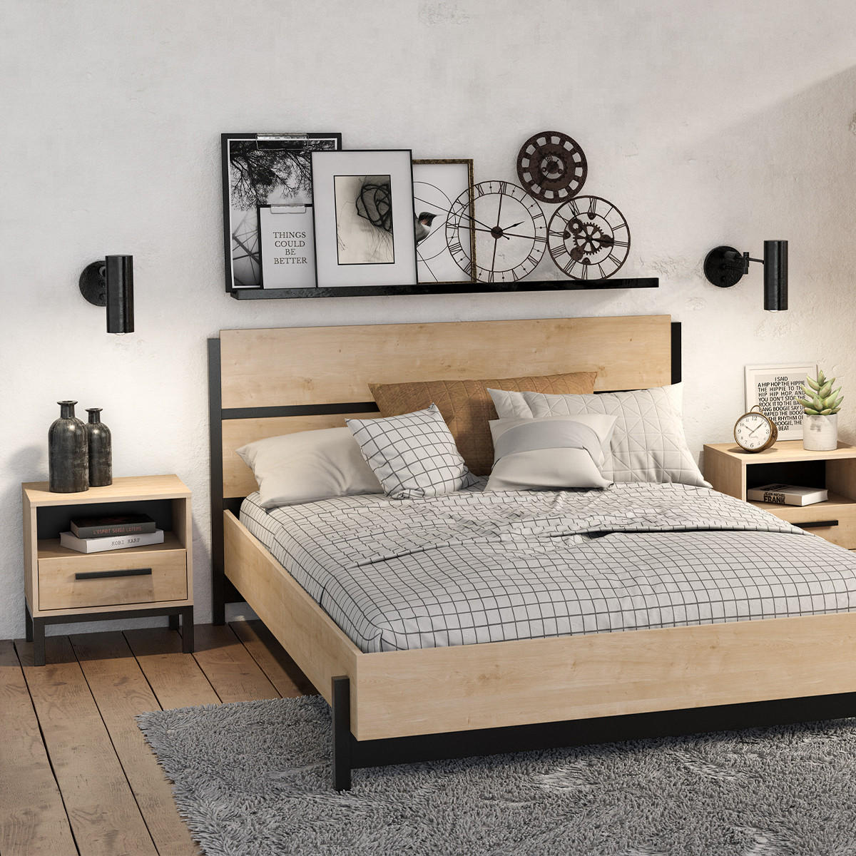 NACHTTISCH, 1 Tür - CRAFT - Eiche und Schwarz - 44,6 x 35,6 x 47,4 cm - Beige, Holz (35.6/47.4/44.6cm) - Demeyere