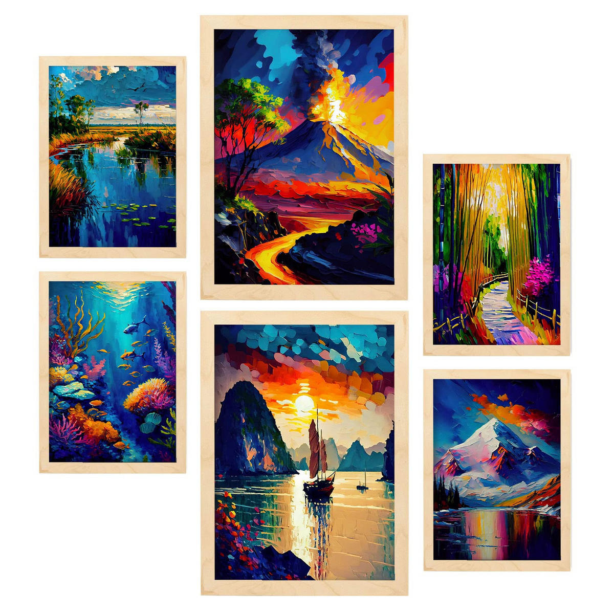 POSTER Set Mit 6 Wasser & Feuer Im Ölgemälde A3 & A4 Rahmen Aus Hellem Holz - Beige, Papier (29/3cm) - Nacnic