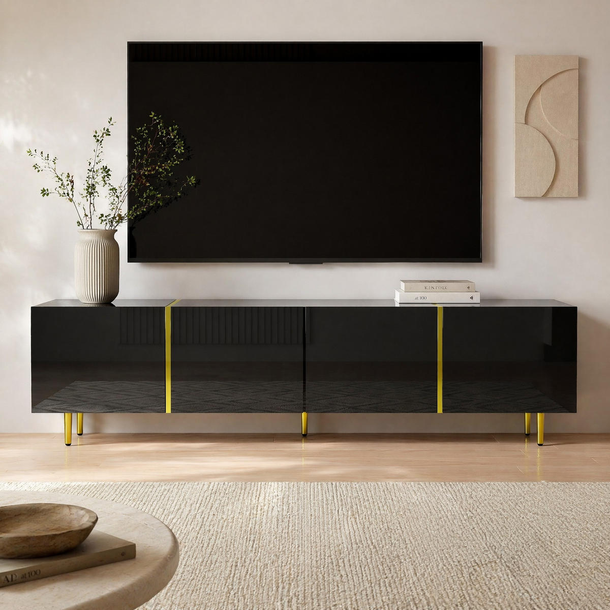 LOWBOARD in Schwarz und Gold Hochglanz-TV-Schrank mit 4 Türen für Wohnzimmer, B170/T35/H46 cm - Goldfarben/Schwarz, Holzwerkstoff/Metall (170/46/35cm) - STILVORA