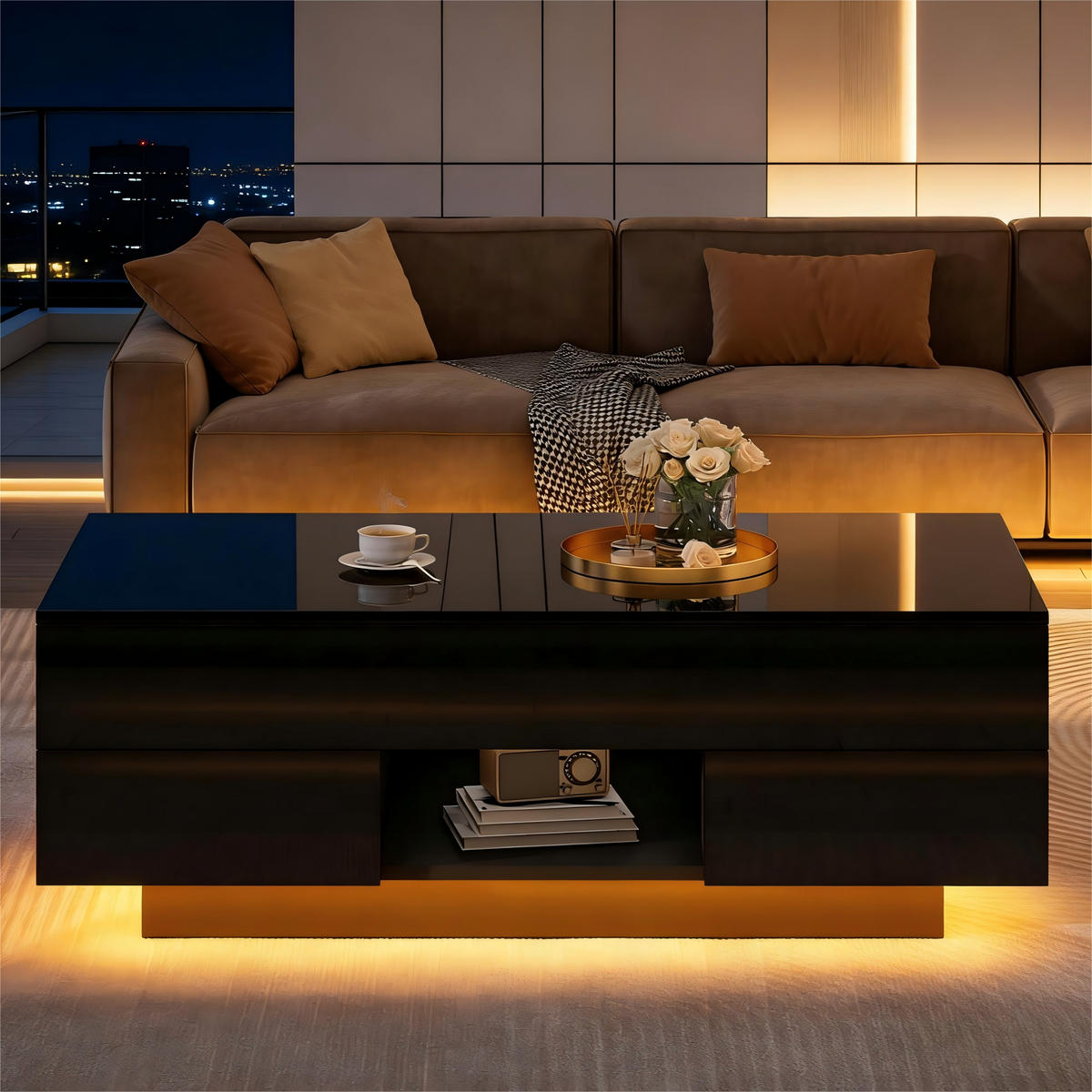 COUCHTISCH aus Spanplatte 100x45x43 cm in Schwarz mit LED & Höhenverstellung - Schwarz, Holzwerkstoff (100/45/43cm) - Modfu