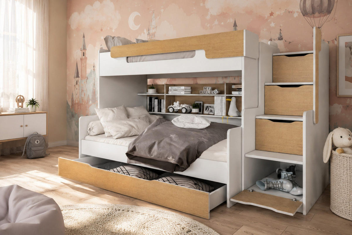 ETAGENBETT HARRY 90/200 + 120/200 in Weiß + Eiche - Eichefarben/Weiß, Holzwerkstoff - Deine Möbel 24