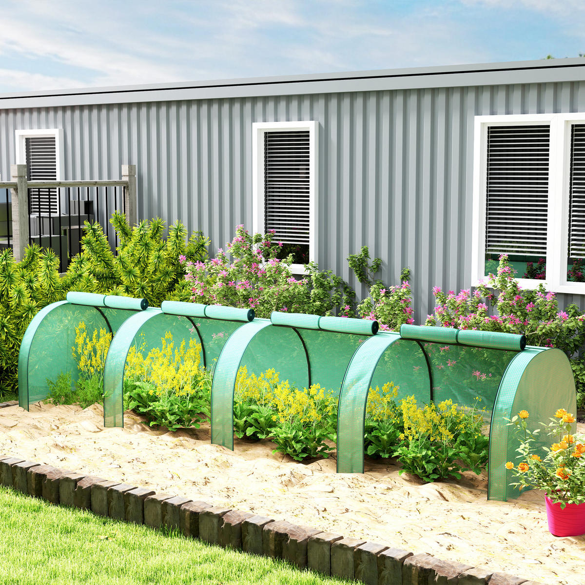 GEWÄCHSHAUS mit PE-Gitterfolie Aufrollbar Seitenwände Winterfest - Dunkelgrün, Kunststoff (100/80/395cm) - Outsunny