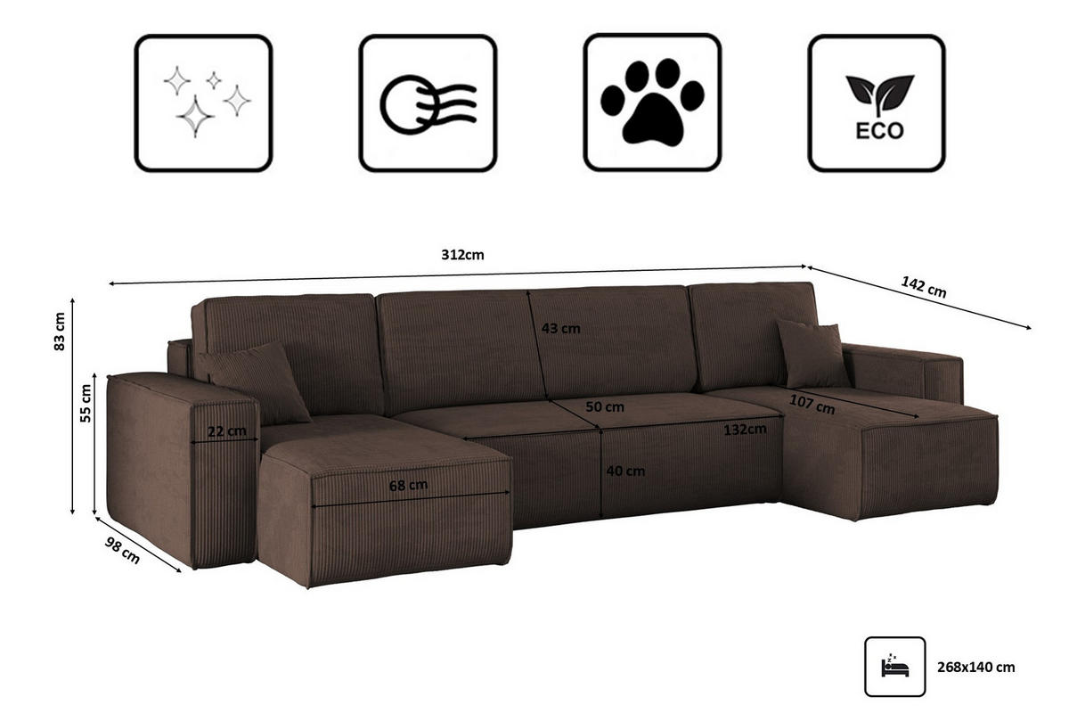 ECKSOFA Mit Schlaffunktion Und Bettkasten BEST Dicker Cord Cord Poso Braun - Braun, Holz/Textil (312/142cm) - Kaiser Möbel