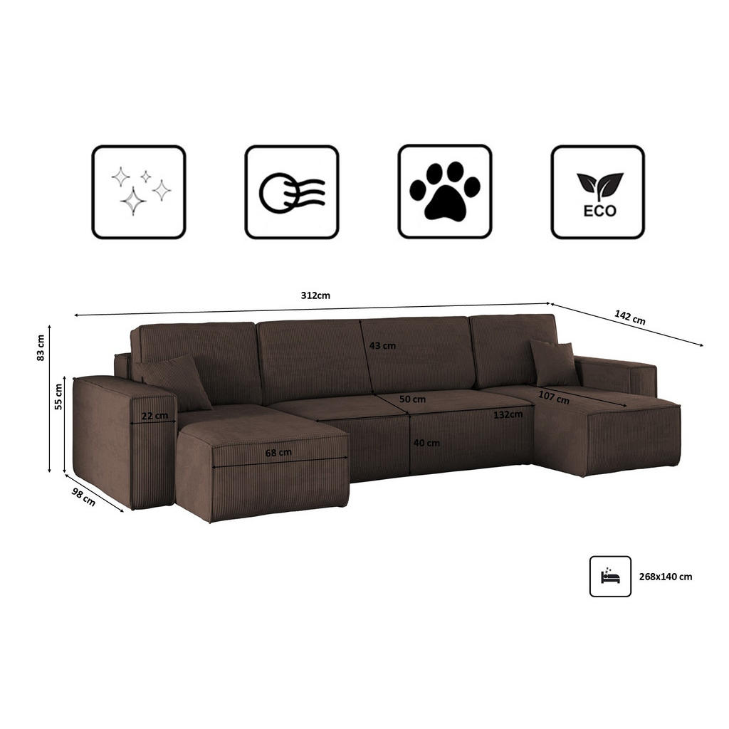 Thumbnail - Kaiser Möbel Ecksofa, Braun, Textil, 5-Sitzer, U-Form, 312x142 cm, Wohnzimmer, Sofas & Couches, Wohnlandschaften, Ecksof...