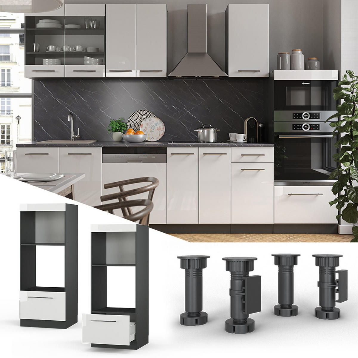 MIKROWELLENSCHRANK Fame-Line Weiß Hochglanz 60 cm offen - Weiß Hochglanz/Anthrazit, Holzwerkstoff (60/153.6/58.1cm) - Vicco