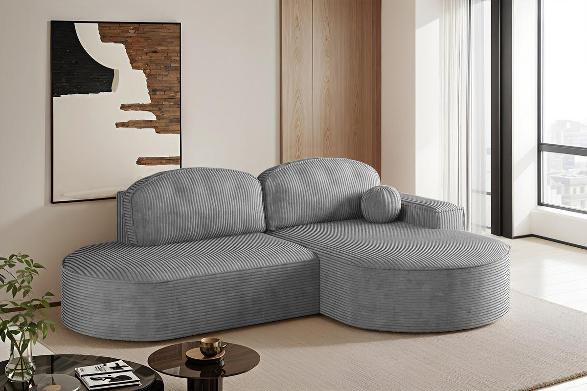 ECKSOFA mit Schlaffunktion und Bettkasten Modena Runden stoff Poso Silber Rechts - Silberfarben, Holz/Textil (278/179cm) - Kaiser Möbel