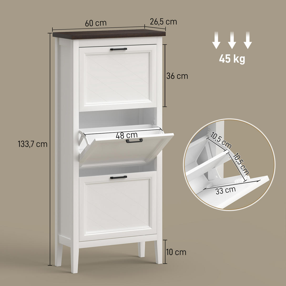 SCHUHSCHRANK Weiß MDF klappbar mit 3 Fächern 1 Stück - Weiß, Holzwerkstoff (60/133.7/26.5cm) - PANGIVO
