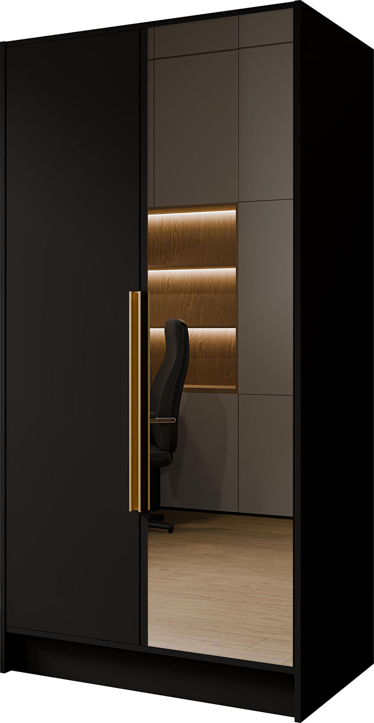 KLEIDERSCHRANK Mono Lux mit Speigel, Drehtüren mit Goldene Metallgriffe, Schwarz 102/200/51 cm - Schwarz, Holzwerkstoff (102/200/51cm) - WFL GROUP