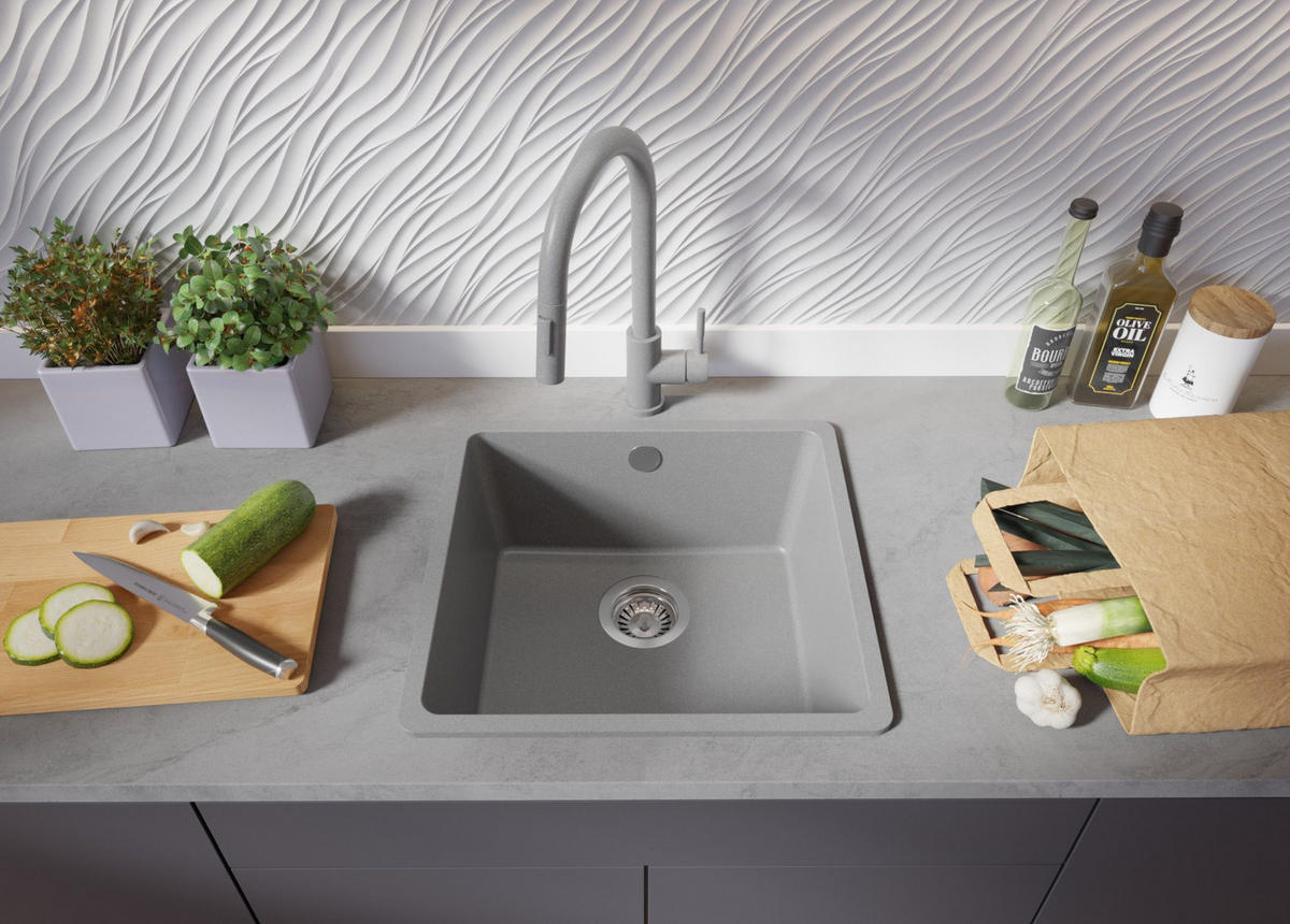 SPÜLBECKEN Venedig Slim Easy, 2-er set Grau 46/44 cm 1 Becken + Ablauf-Set ab 50er Unterschrank - Chromfarben/Grau, Kunststoff (46/20/44cm) - Primagran