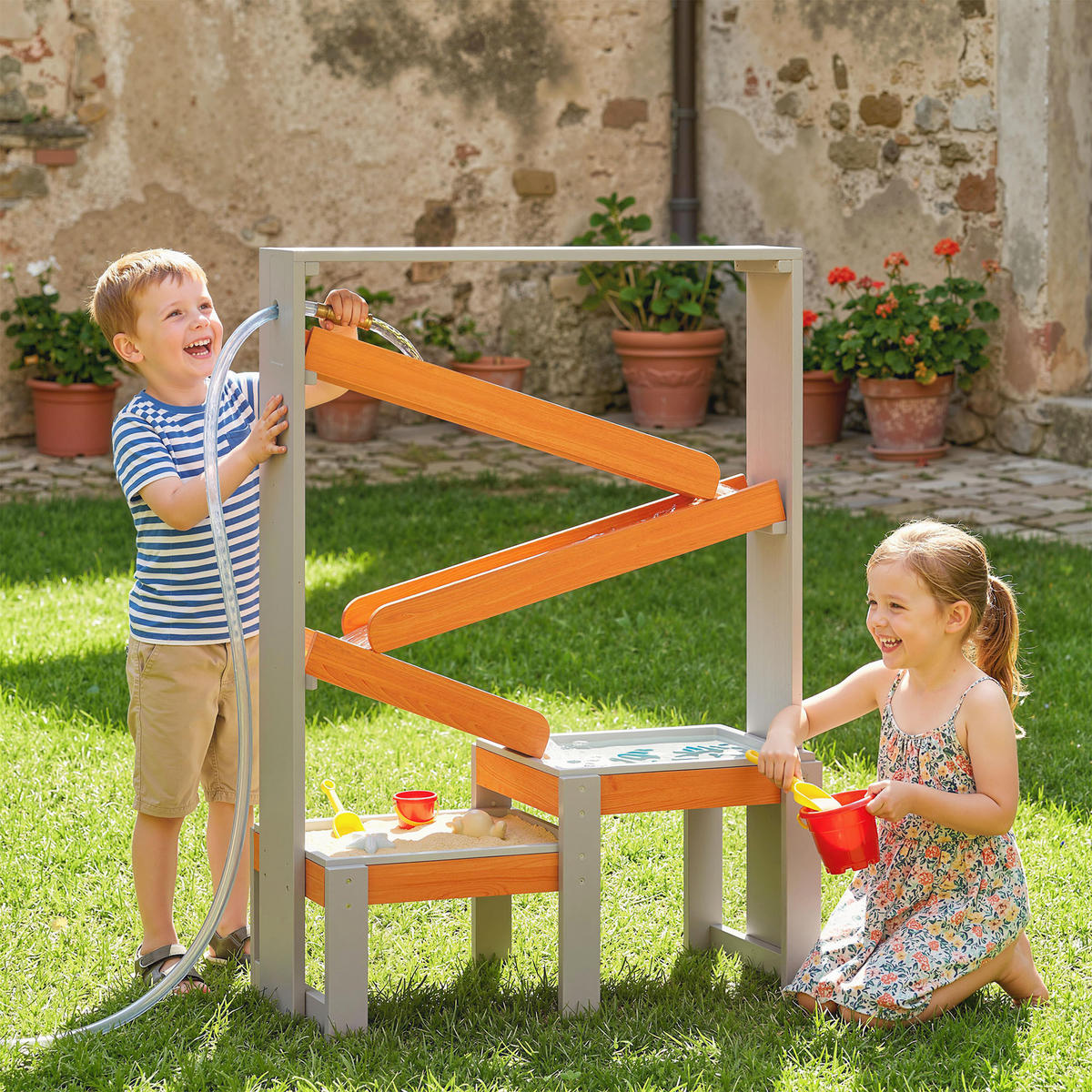 SAND-WASSERSPIELTISCH DE-10550 mit Wasserbahn & 2 Becken Grau - Grau, Metall (75/34.5/105cm) - ComfortXL