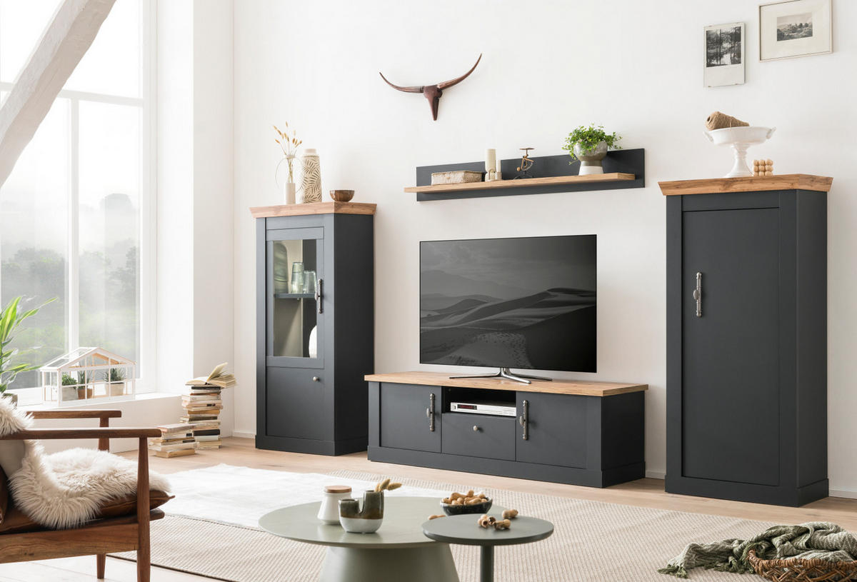 WOHNWAND 4-teilig grau, Eiche Wotan, Landhaus 322 x 170 cm, Wohnkombination mit Soft-Close - Silberfarben/Eiche Wotan, Glas/Holzwerkstoff (322/170/45cm) - Furn.Design