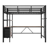 HOCHBETT 90/200 cm in Schwarz mit LED-Beleuchtung, Schreibtisch und Stauraum - Schwarz, Metall (90/200cm) - Flora Grace