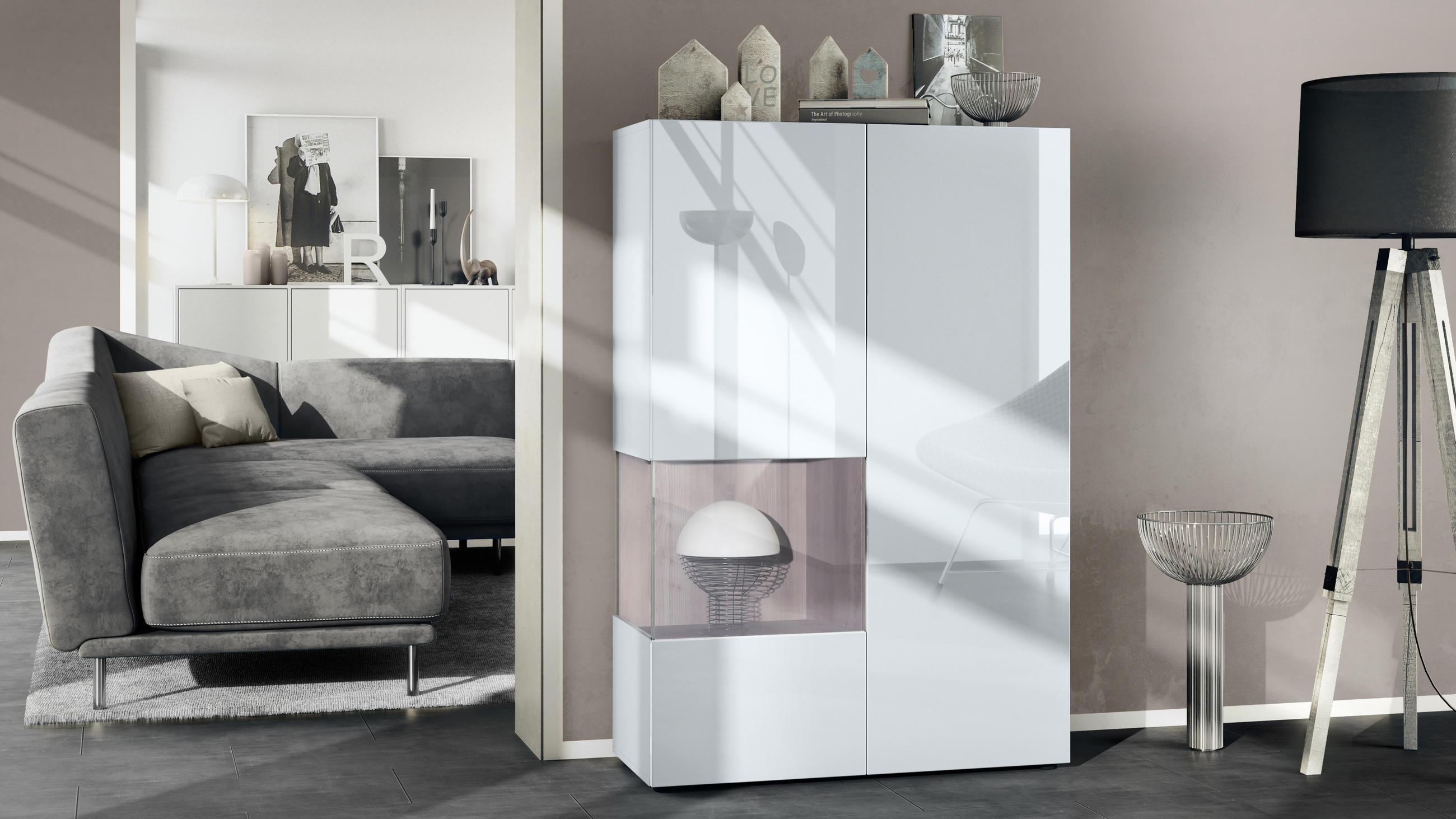 VITRINE Morena Einsatz in Eiche Nordic - Silbereichenfarben, Holzwerkstoff (91.5/136.5/37cm) - Vladon