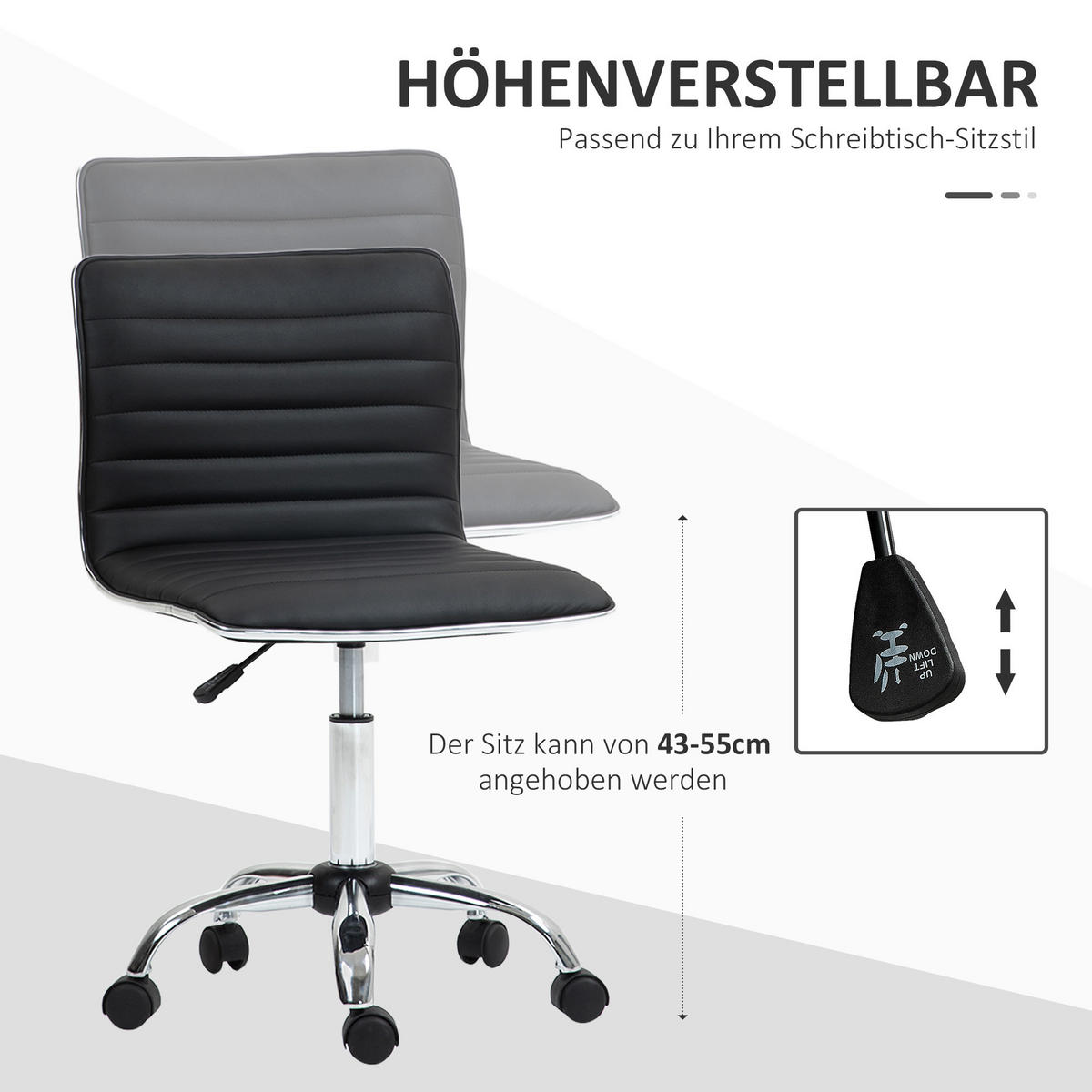 BÜROSTUHL mit Rückenlehne, höhenverstellbar Drehstuhl mit Rollen Schwarz - Schwarz, Kunststoff (52/90/48cm) - HOMCOM