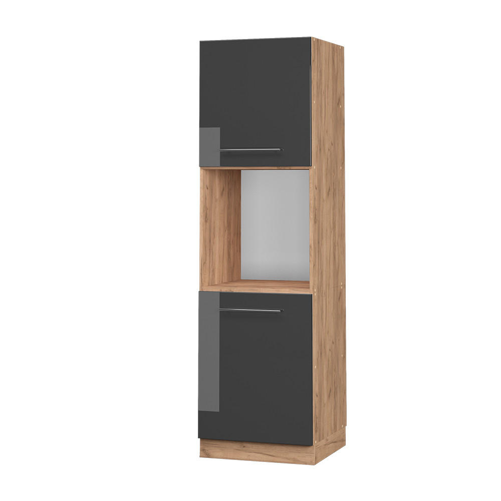 HERDUMBAUSCHRANK Fame-Line Anthrazit Hochglanz 60 cm offen - Schwarz Hochglanz/Eichefarben, Holzwerkstoff (60/206.8/58cm) - Vicco