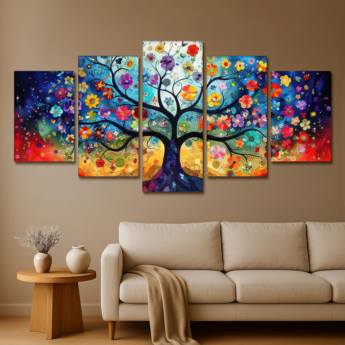 LEINWANDBILD 5er Set Bunt - Baum des Lebens - Blumen - Abstrakt 200x100 cm - Blau, Textil (200/100cm) - MuchoWow