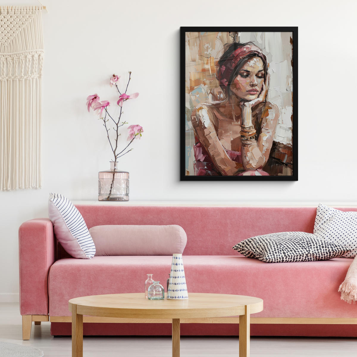 POSTER S OKVIROM Portret žene 60x80 cm - prljavo ružičasta, papir (60/80cm) - MuchoWow