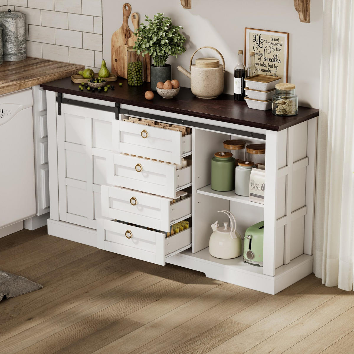 SIDEBOARD 150/40/85 cm mit 2 Schiebetüren & 4 Schubladen in Weiß - Weiß, Holzwerkstoff (150/85/40cm) - BEAOK