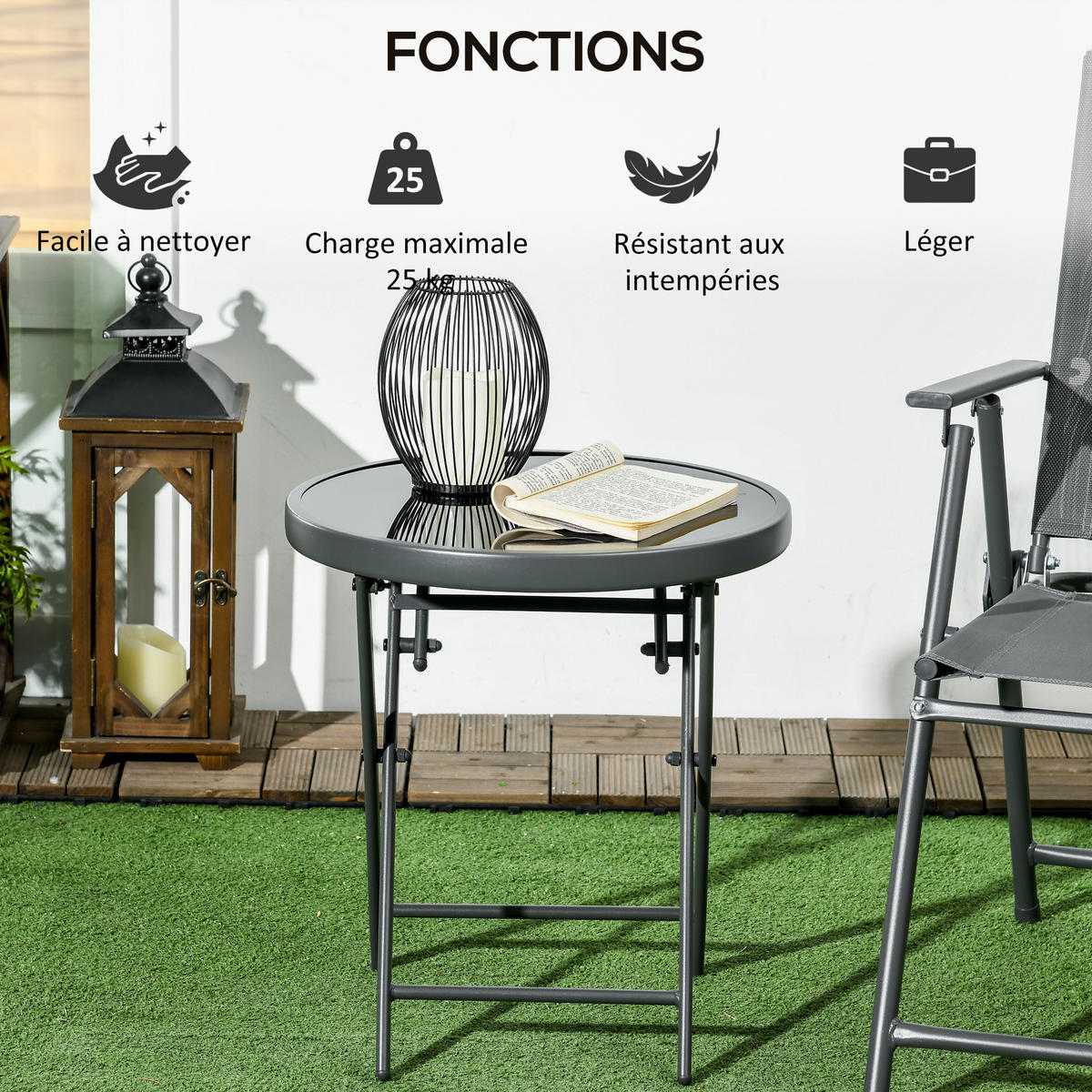 GARTENKLAPPTISCH DE-14104 rund Ø45 cm, klappbar Schwarz - Schwarz, Metall (45/45/50cm) - ComfortXL