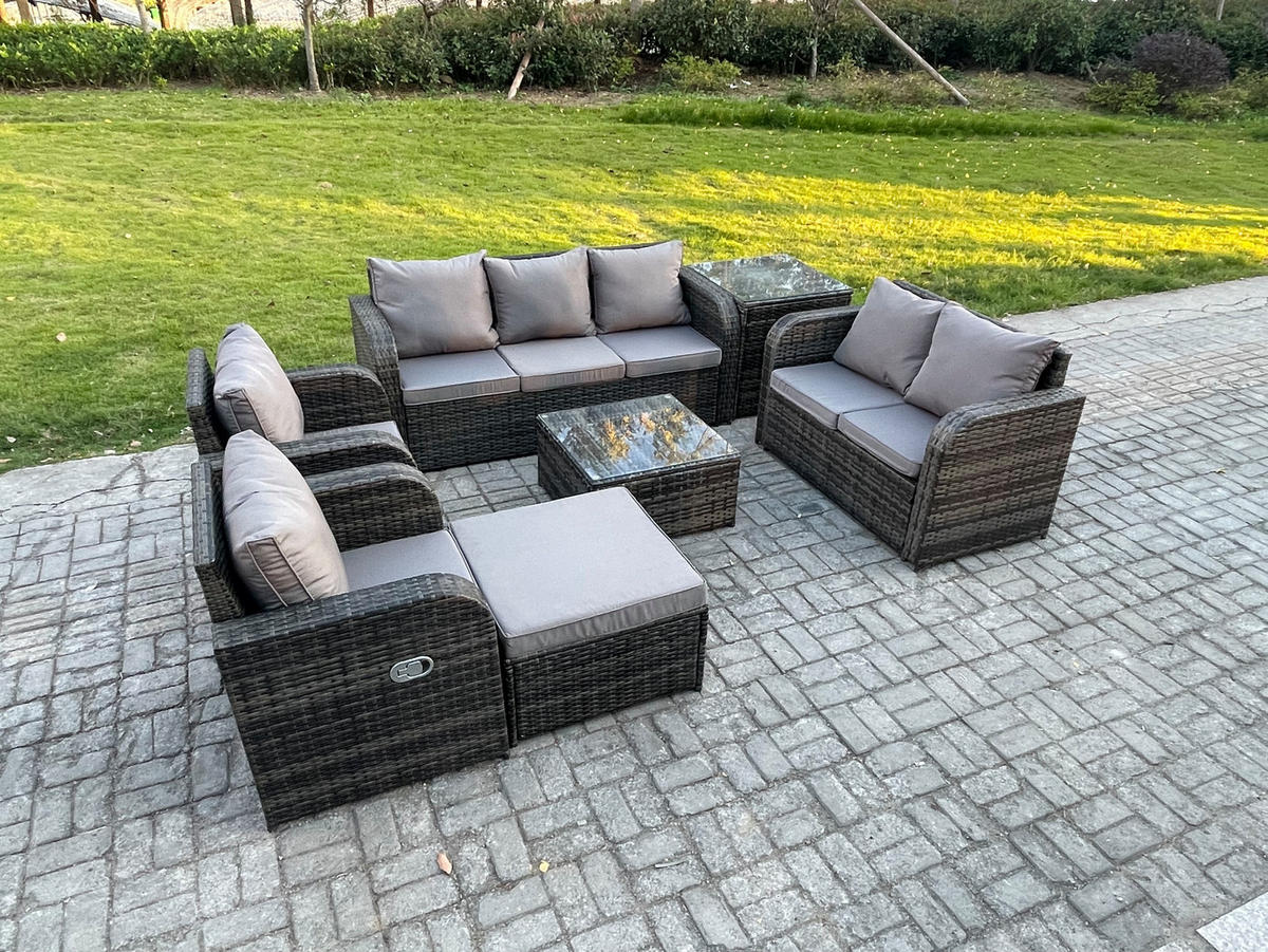 GARTENSOFA SET mit Couchtisch Polyrattan Dunkelgrau 7-teilige - Dunkelgrau/Grau, Glas/Kunststoff - Fimous